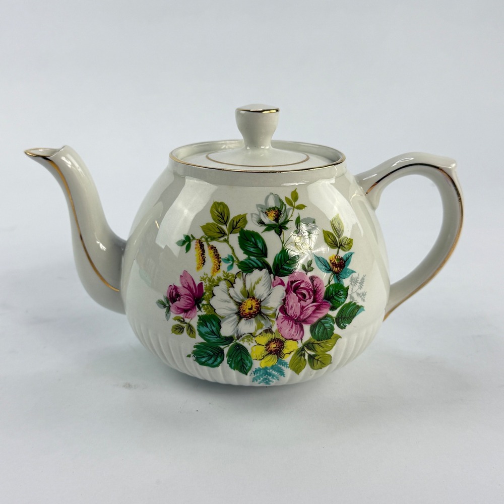 Ellgreave Wood & Sons England Ironstone Teapot Floral Gold Gilt Vintage White